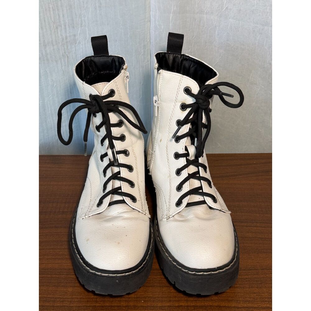 90s Grunge White Combat Boots Chunky Lug Sole Punk Moto Booties Mix 6 Edgy Y2k